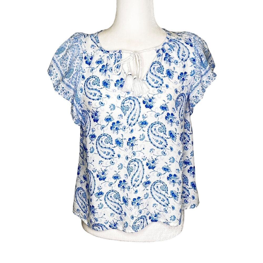Lucky Brand Blue White Paisley Flowy Tie Neck Short Ruffe Sleeve Feminine Blouse